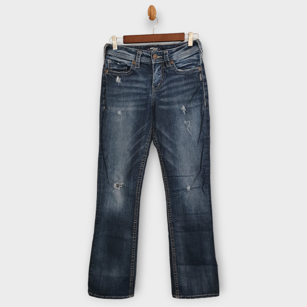 Silver Jeans Women's Blue 28x31 Suki High Slim Boot Cut Fluid Stretch Distressed